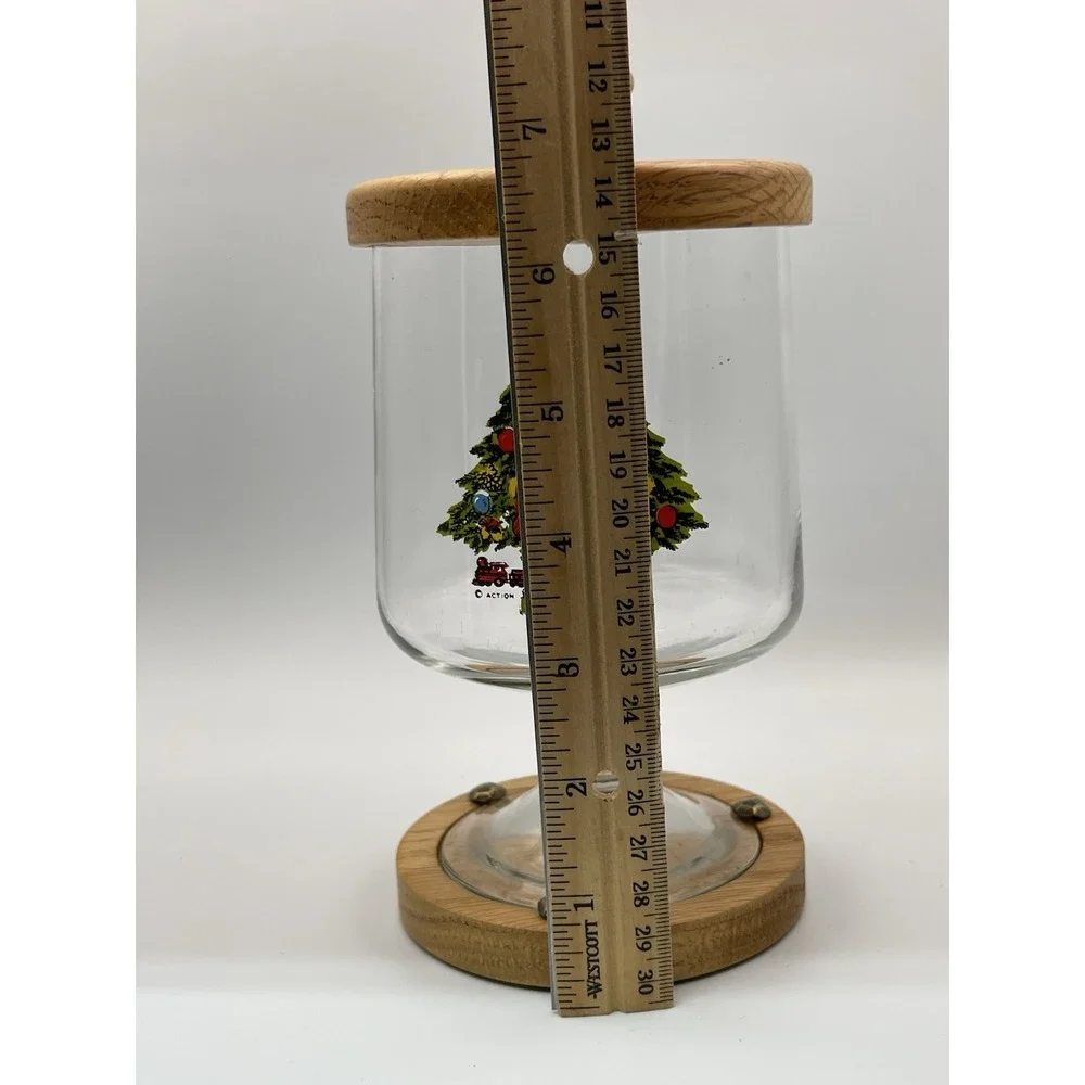 Christmas‎ Tree Glass Pedestal Jar Wood Lid Base Holiday Cookie Canister